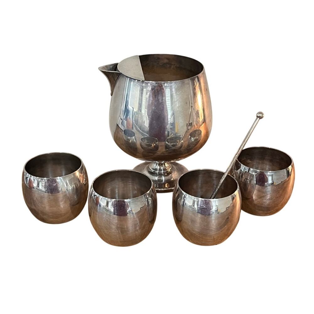 Poole EPCA‎ Silverplate Punch Bowl Set 6pc #834 #837 Cups Swizzle Stick Vtg MCM